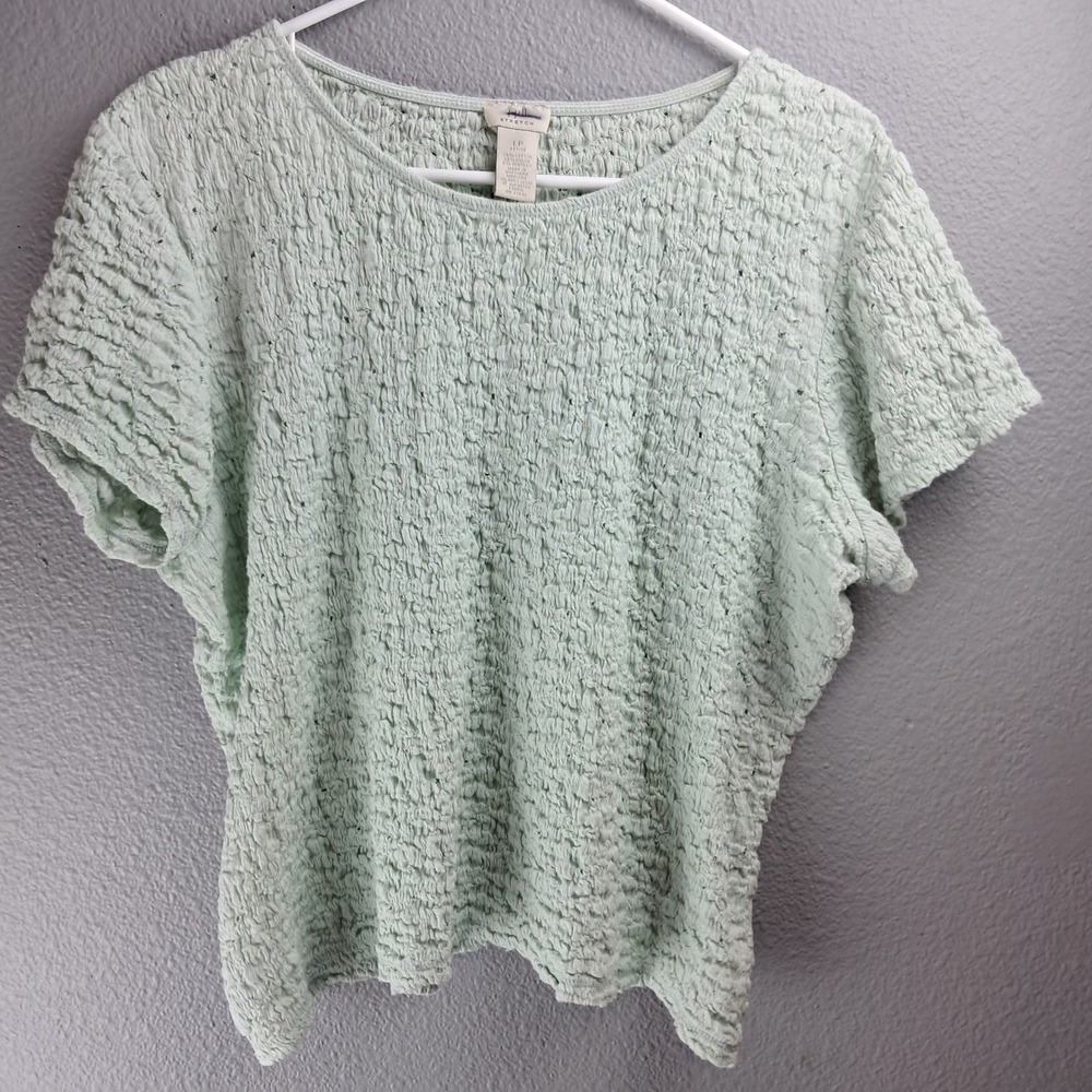 J Jill Stretch Womens Green Textured Short Sleeve Casual Tee Shirt LP Petite